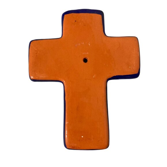 Mexican Talavera Pottery Blue Wall Cross With Angels Playing Instruments - Picture 2 of 6